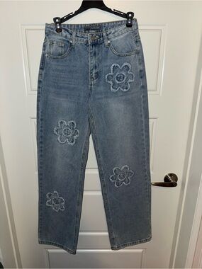 Light Blue Straight-Leg Jeans with Floral Distressed Appliqués
